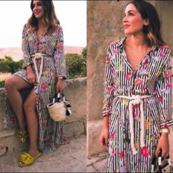 Zara women's maxi shirt dress striped floral - Picture 2 of 16